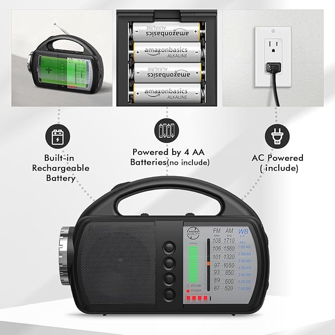 AM FM NOAA Weather Radio,Portable Emergency Radio with Flashlight, Bluetooth 5.0, USB, AUX in Powered by Built-in Rechargeable Battery or 4 AA Battery for Home Indoor Black