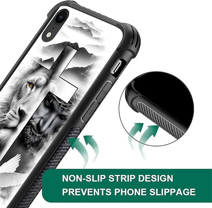 for iPhone XR Case, Lion Cross Jesus Christ Dove Pattern Graphic Design Girl Boy Soft Silicone Hard Acrylic Shock Protection for iPhone XR