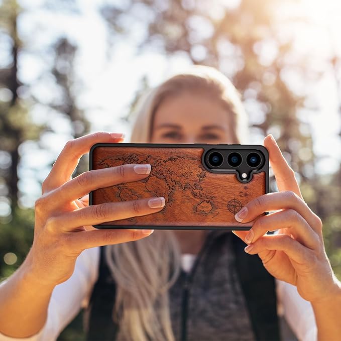Carveit Wood Case for Galaxy S24 Plus Case [Natural Wood & Black Soft TPU] Shockproof Protective Cover Unique Wooden Design Compatible with S24 Plus (Compass Maps-Rosy)