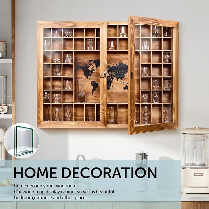 Large World Map Shot Glass Display Case 60 Slots with Acrylic Glass Door, 34 x 26''Rustic Brown Wood Holder for 2 Different Size Shot Glasses, Bars Wine Cellars Used for Jewelry Stones Shell