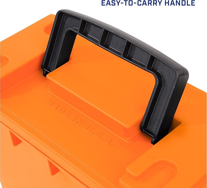 Sheffield 12630 Ammo Storage Box, Stackable .30 Cal Field Boxes, Water and Dust Resistant, Lockable Storage Box with Handle, Secures Hunting Gear, Supplies, and Bullets, Made in USA, Orange, 1-Pack