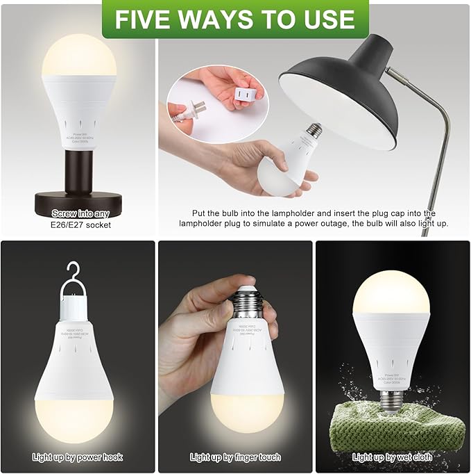 DEBAOBULB 4 Pack Rechargeable Emergency Light Bulbs, Battery Powered LED Light Bulb 3000K Warm E26 120 Volt 9W 60W Equivalent with 1200mAh for Home Power Outage Camping Hurricane