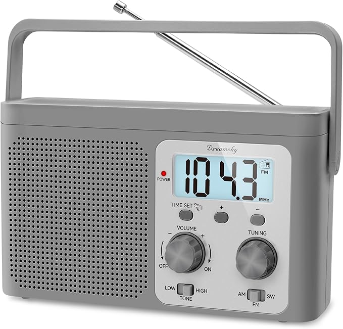 DreamSky AM FM Radio Portable - Shortwave Radio Battery Powered or Plug in Wall for Home Outdoor, Strong Reception, Large Dial Easy to Use, Digital Time Display, Transistor Antenna, Seniors Small Gift
