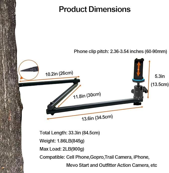 Tree Stand Phone Mount for Hunting,Camera Arm for Hunting,Treestand Phone Holder for Self Filming Hunts, Compatible Gopro,Trail Camera, iPhone, Mevo Start