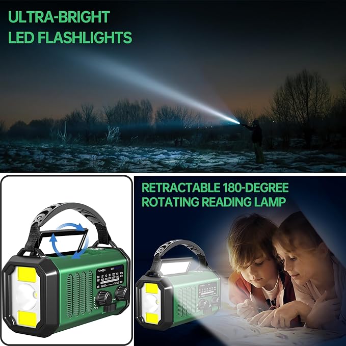 Emergency Radio Hand Crank Solar, AM/FM/NOAA Weather Radio Built-in 20000mah Battery Powered,Type-C Charger,Flashlight, Reading Light,SOS, Compact & Portable for Camping/Emergencies Green