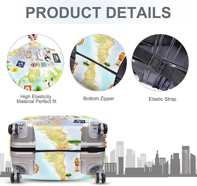 ANNA QUEEN Travel Collage Luggage Cover, World Map & Sticker Style Suitcase Protector for 24-26 Inch Travel Bags