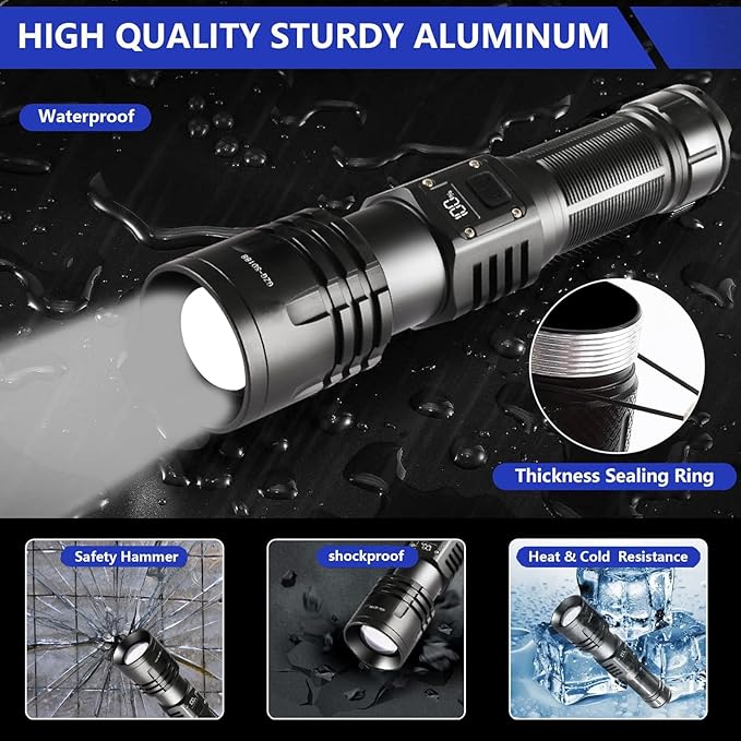 Rechargeable LED Flashlights High Lumens,10000mAh High Powered Waterproof Brightest Flashlight Zoomable Spotlight Flashlight