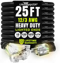 25ft Outdoor/Indoor Extension Cord 3-Outlet 12/3 Gauge Extra Heavy Duty 3 Prong SJTW, Waterproof, Flexible Cold-Resistant Long Power Cord,15A 125V 1875W, Black by LifeSupplyUSA