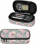 Pink Blooming Flower Pencil Holder Bag Roses Peonies Bouquets Leaves Garden Pencil Case College Office School for Teens Boy Girl