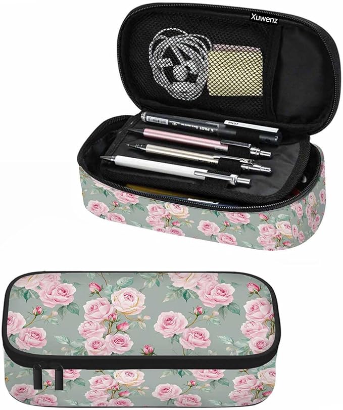 Pink Blooming Flower Pencil Holder Bag Roses Peonies Bouquets Leaves Garden Pencil Case College Office School for Teens Boy Girl