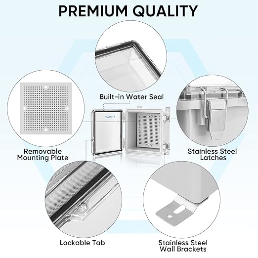 TICONN Waterproof Electrical Junction Box IP67 ABS Plastic Enclosure with Hinged Cover with Mounting Plate, Wall Brackets, Cable Glands (Clear, 5.9"x5.9"x3.5")