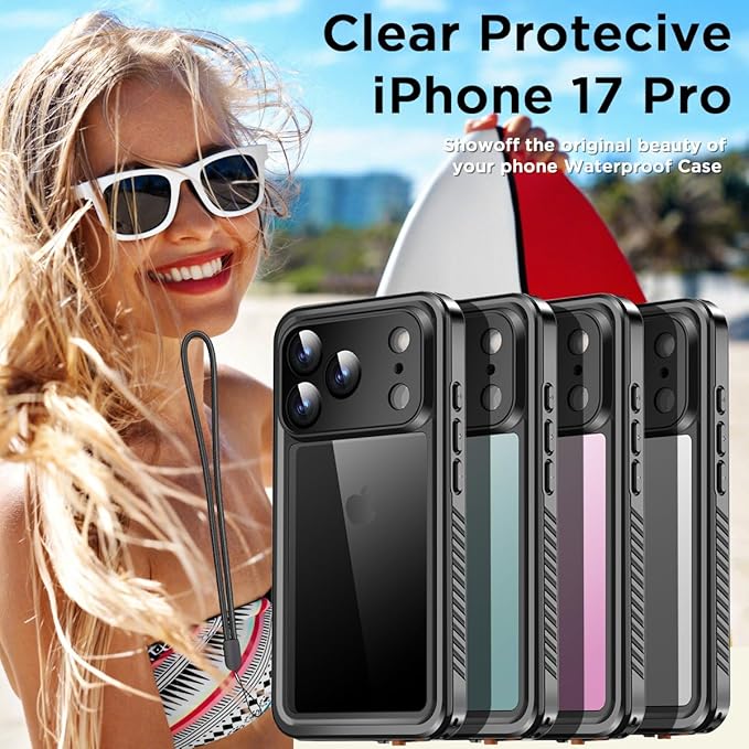 AICase Compatible with iPhone 17 Pro Case Waterproof, Clear Water Proof Built-in Screen Protector Shockproof Dustproof Snowproof Full Body Rugged Underwater Phone Case with Lanyard