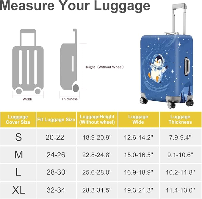 ANNA QUEEN Astronaut Penguin Luggage Cover, Cute Space Penguin Design Suitcase Protector, Washable Stretchable Travel Sleeve for 20-22 Inch Luggage