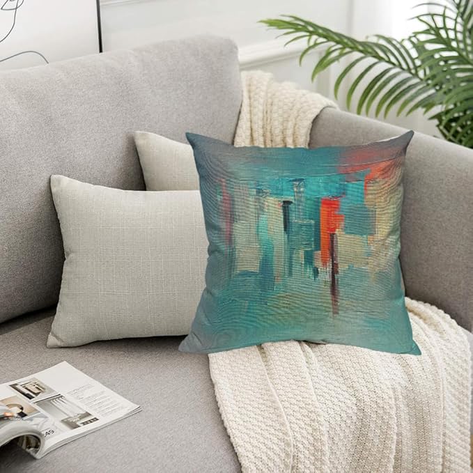 TKS MITLAN Colour Paint Pillow Cover 18x18 inch Modern Art Made with Teal, Orange Colour Paint Smears and Rough Brush Strokes Pillows Decorative Throw Pillows Farmhouse Decor for Home Cushion Case