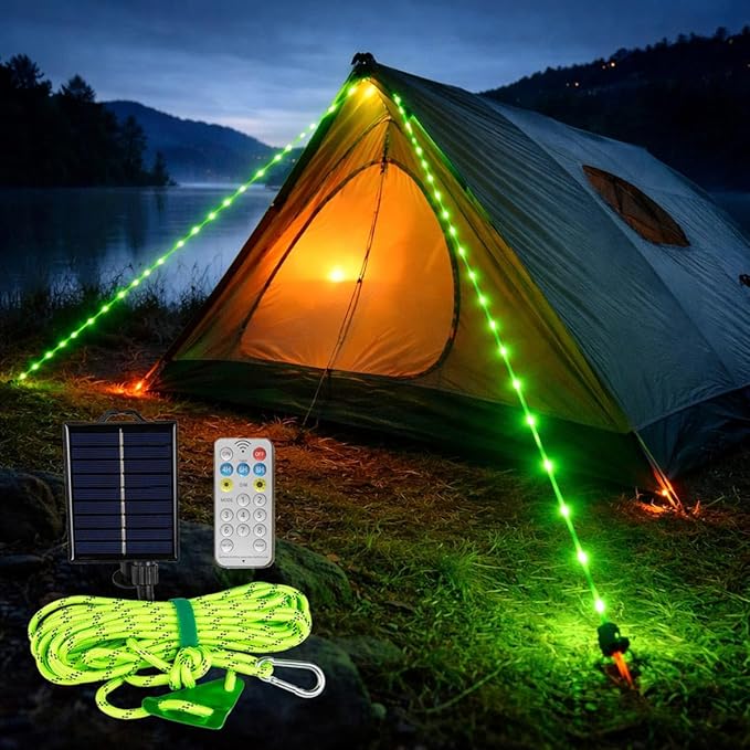 Solar Luminous Paracord Rope, 23ft Solar-Powered Green Glow Rope with Remote, 8 Lighting Modes + Timer, 500 mAh Battery, IP66 Waterproof for Outdoor Camping