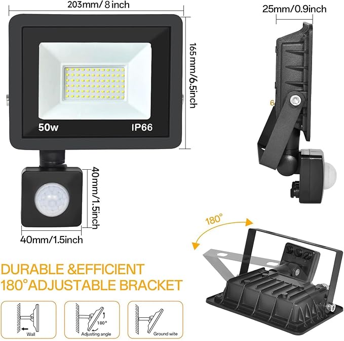 50W Plug in Motion Sensor Lights Outdoor, 5500LM Motion Flood Light Dusk to Dawn, IP65 Waterproof Led Security Light Outside, Motion Activated Wall Light for Garage, Porch, Yard