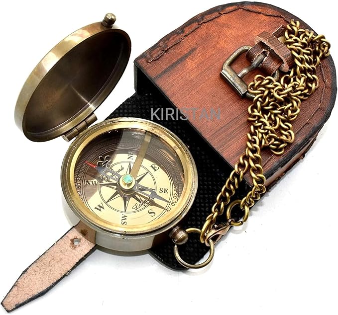 Vintage Brass Compass Not All Those Who Wander are Lost, Engraved Antique Pocket Compass with Leather Case, Inspirational Graduation Gift for Men, Hiking Camping Navigation Nautical Compass