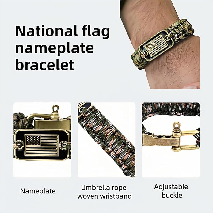 Patriotic Paracord Survival Bracelet for Men - Bronze US Flag Pendant Tactical Gear with Multi-Tool Functions, Adjustable Size (12-25cm), Green Camo Gold Thread Design