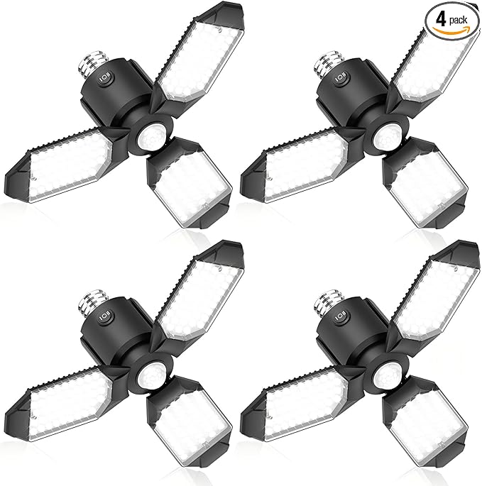 toberich Motion Sensor Garage Lights 4 Pack, 8000LM Motion Sensor Shop Light w/ 3 Switch Modes, 6500K Indoor Motion Activated Light Bulb for Garage, Workshop, Utility Room, Basement