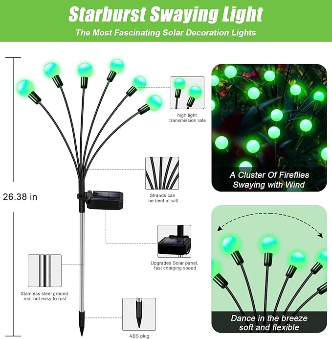 NBQQ Solar Garden Lights Outdoor, Waterproof Solar Powered Lights for Yard Pathway Patio, Swaying Lawn Decor as Gardening Gifts for Women Holiday(Green,4 Pack)
