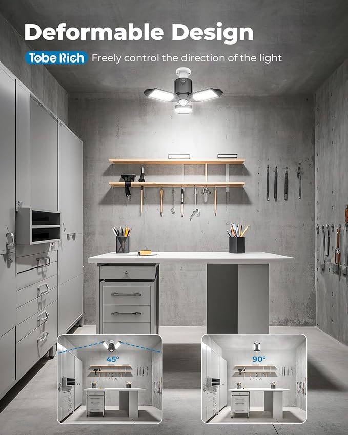toberich Motion Sensor Garage Lights 2 Pack, 8000LM Motion Sensor Shop Light w/ 3 Switch Modes, 6500K Indoor Motion Activated Light Bulb for Garage, Workshop, Laundry Room, Basement