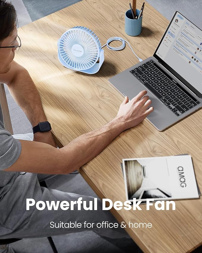Gaiatop USB Desk Fan, 3 Speeds Strong Airflow, 5.5 Inch Portable 90° Rotate Quiet Cooling, Small Personal Table Fans for Bedroom Home Office Travel Blue