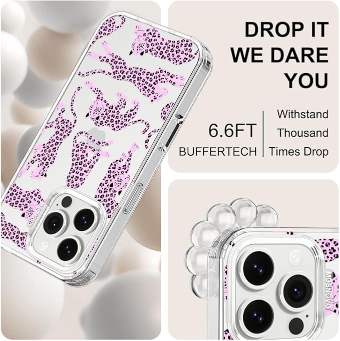 MOSNOVO Case for iPhone 16 Pro, [Buffertech 6.6ft Military-Grade Drop Protection] [Anti Peel Off Tech] Clear TPU Bumper Phone Case Cover Design - Pink Leopard