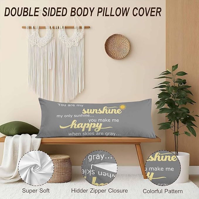 Decorative Body Pillow Covers 20x54inch Motivational Quote, You are My Sunshine Soft Body Pillow Cushion Cover Wrinkle Fade Body Pillowcases for Bed/Sofa/Couch/Patio/Balcony, Yellow