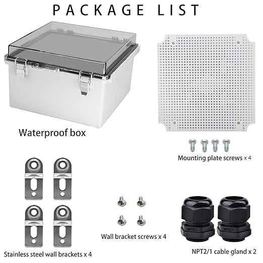 Waterproof Electrical Box with Mounting Plate, IP67 Junction Box Stainless Steel Latch Hinged Clear Cover Project Enclosure with Wall Bracket and 2 Glands 8.3" x 8.3" x 3.9"