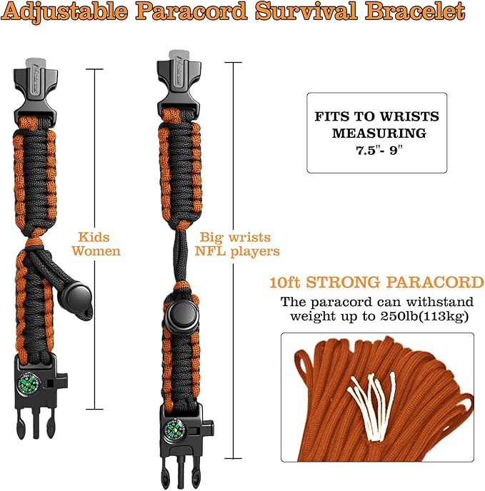 Paracord Survival Bracelet (3 Pack) - Adjustable with Fire Starter, Whistle, Compass - Survival Gear for Hiking, Camping, Fishing, Gifts for Men Dad Husband