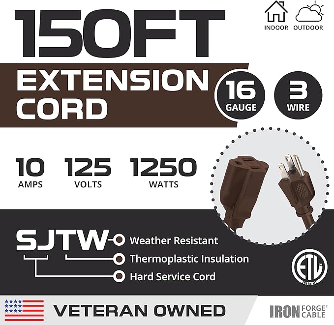 Iron Forge Cable Outdoor Brown Extension Cord 150 ft - 16 Gauge 10 Amp Heavy Duty Brown Outdoor Extension Cords 3 Prong - 16/3 SJTW Great for Outdoor