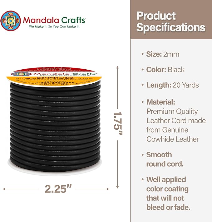 Mandala Crafts Round Cowhide Genuine Black Leather Cord for Jewelry Making Kumihimo Leather Rope Spool - Black String Lace - 20 Yds 2mm Cording