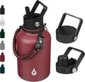 BJPKPK Insulated Water Bottles with Straw Lid, 50oz Large Water Jug, Stainless Steel Vacuum Bottles, Hot & Cold Thermo with 3 Lids and Paracord Handle,Brick Red