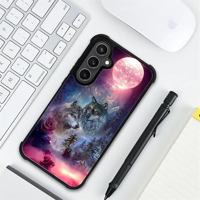 for Samsung Galaxy S23 FE Case, Star Two Wolfs Howling Pattern Graphic Design Girl Boy Soft Silicone Hard Acrylic Shock Protection for Samsung Galaxy S23 FE