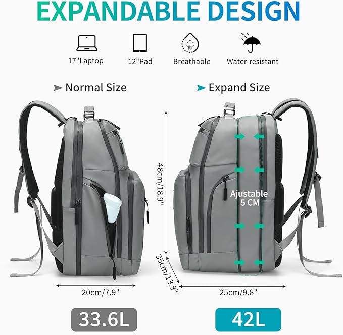 Expandable Business Backpack with 17" Laptop Compartment - Waterproof, Airline Approved, 33L-42L Capacity, for Work & Travel, Gray