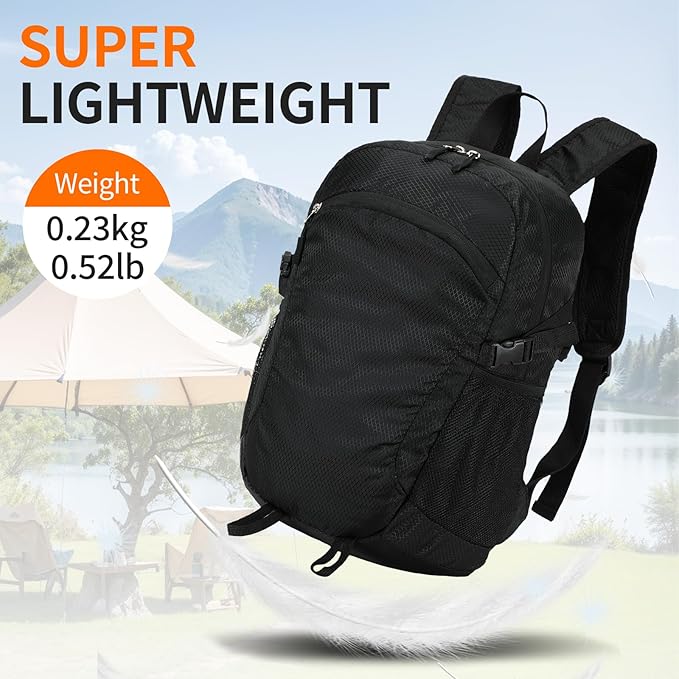 Small Hiking Backpack Travel Lightweight Hiking Packable Daypack Water-Resistant Foldable Backpacks 15L for Travel Women Men Camping (Black)