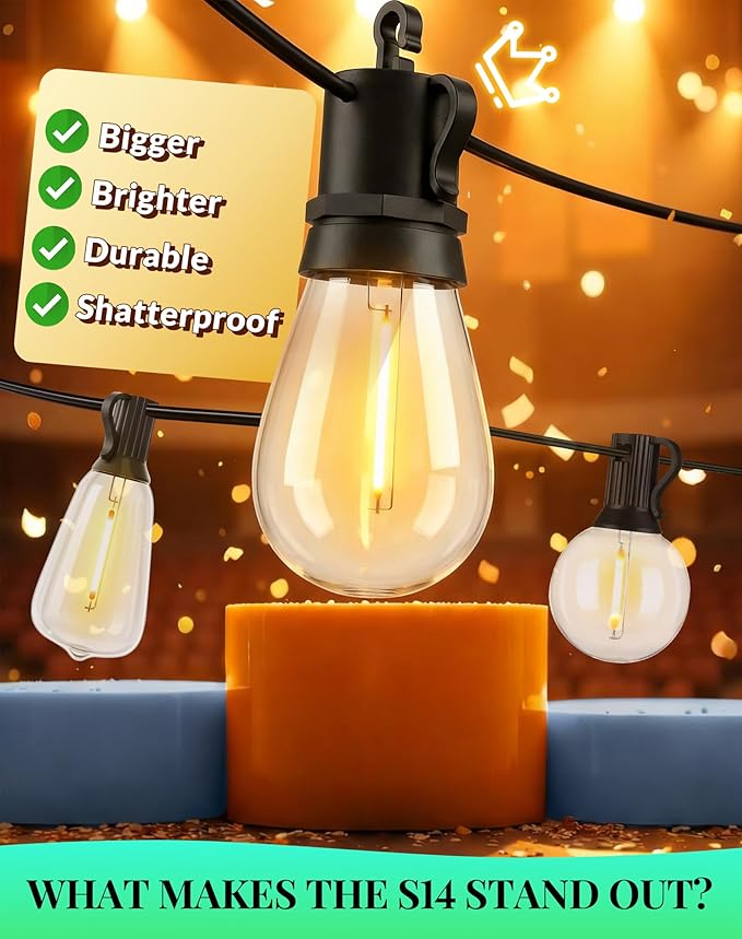 Outdoor String Lights LED Patio-Light - 65Ft Outside Waterproof Dimmable Porch Lights with Remote Shatterproof S14 Bulbs Outside Hanging Light Connectable Lighting for Gazebo Backyard Bistro Pergola