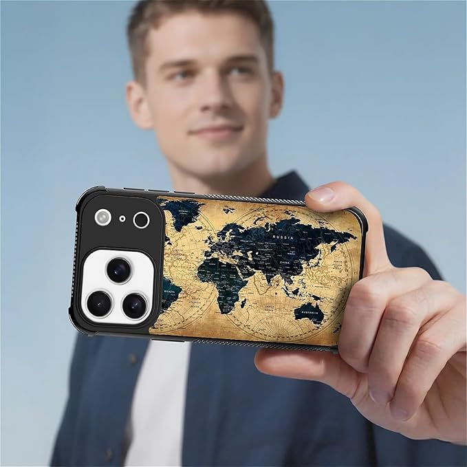 for iPhone 17 Pro Case,for MagSafe Graphic Design for Girl Boy Soft Silicone Hard Acrylic Shock Protection Designed for iPhone 17 Pro Brown World Map Pattern