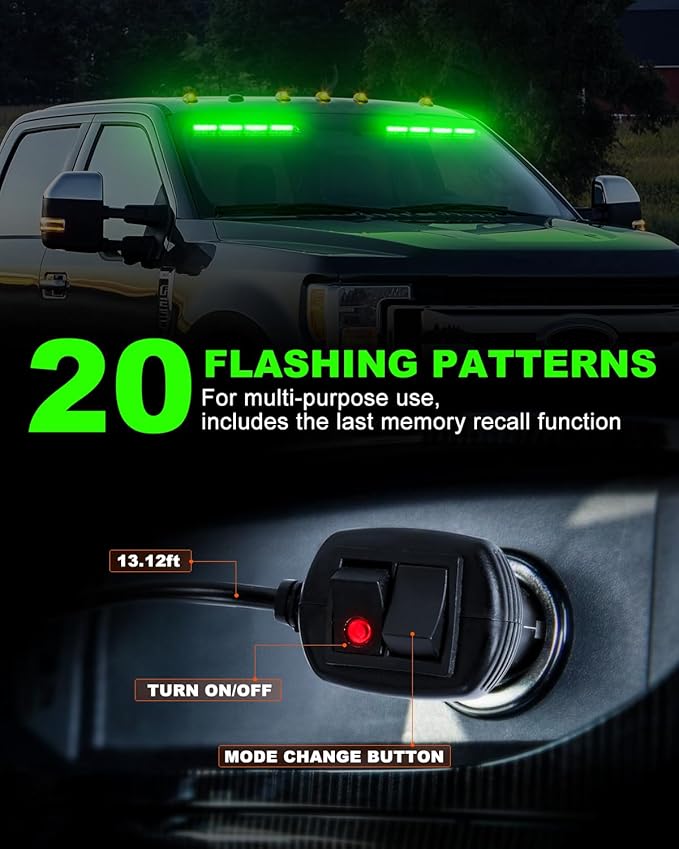 HLauto 6Z4J Emergency Dash Strobe Lights: 2x16.8 inch Green Safety Lights, 48 LED Flashing Warning Hazard Interior Windshield Visor Traffic Light Bar for Trucks, Construction Vehicles