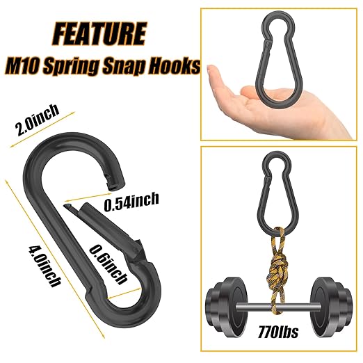EPHECH 30PCS 4" Black Heavy Duty Spring Snap Hook, M10 3/8" Galvanized Steel Snap Hook Carabiner Quick Link Carabiner Clip, 500LBS Holding Capacity Quick Link Keychain for Swing Hammock Gym Outdoor