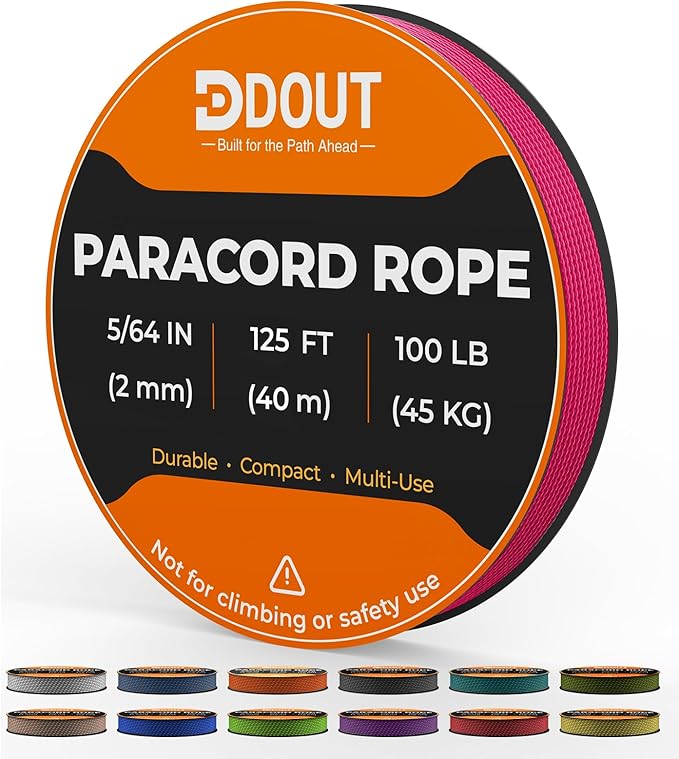 DDOUT 2mm Paracord 100lb, Thin Micro Paracord Rope, Pink 125FT Nylon Cord for Crafting, DIY Projects, Fishing, Camping & Outdoor