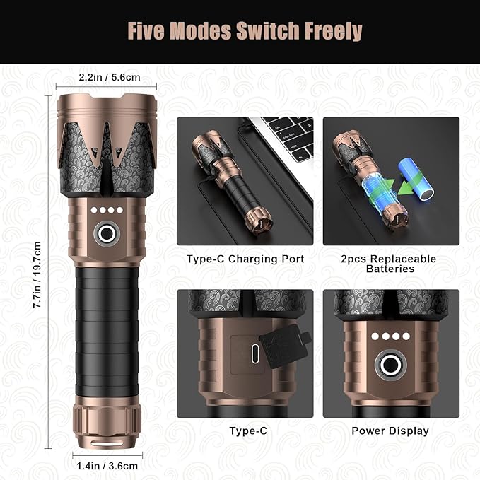 SKYFIRE Rechargeable Tactical Flashlight with Ignition Lens,10000 Super Bright LED Flashlights High Lumens,Zoomable 6Modes Waterproof Camping Survival Gear for Outdoor Emergency,Fire Starter-Gift Box