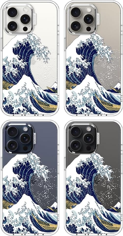 MOSNOVO Case for iPhone 15 Pro Max, [Buffertech 6.6ft Military-Grade Drop Protection] [Anti Peel Off Tech] Clear TPU Bumper Phone Case Cover Design - Great Wave