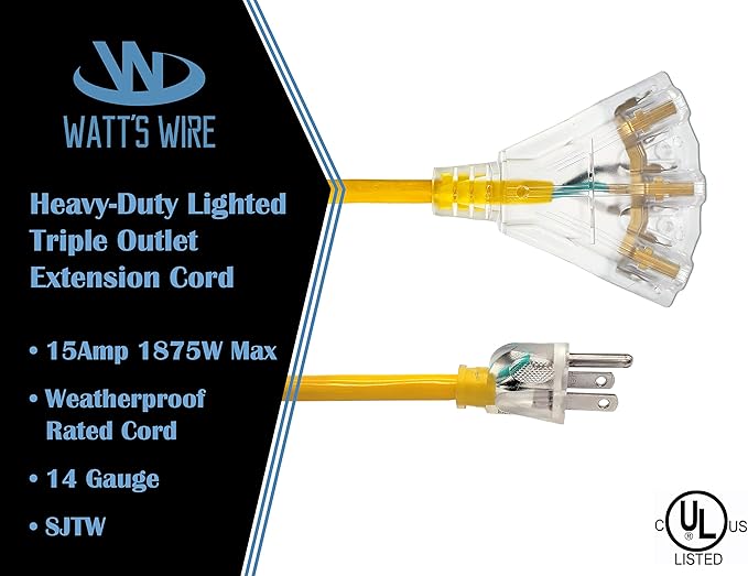 50 ft Outdoor Extension Cord Waterproof - 14 Gauge Heavy Duty Extension Cord 50 ft - Lighted Outdoor Extension Cords with Multiple Outlets - Watts Wire - 50' Grounded - extensiones electricas