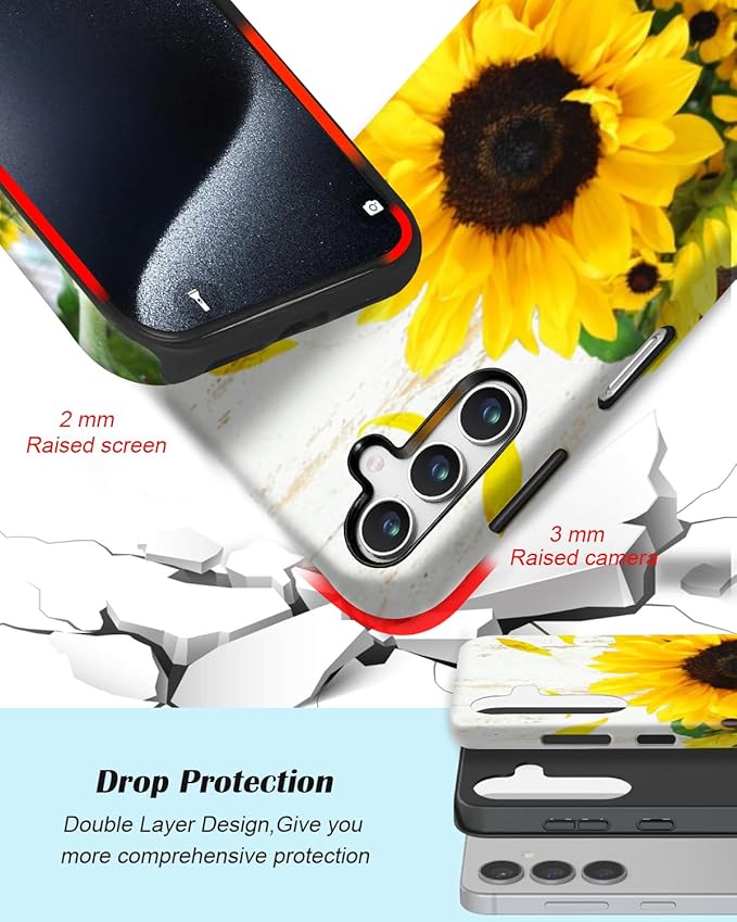 Compatible for Samsung Galaxy A37 5G Case, Dual Layer Heavy Duty 2 in 1 Shockproof Protective Phone Case,Wood Grain Sunflowers