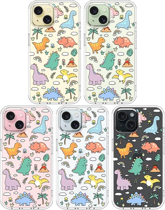MOSNOVO Case for iPhone 15, [Buffertech 6.6ft Military-Grade Drop Protection] [Anti Peel Off Tech] Clear TPU Bumper Phone Case Cover Design - Dinosaur Land