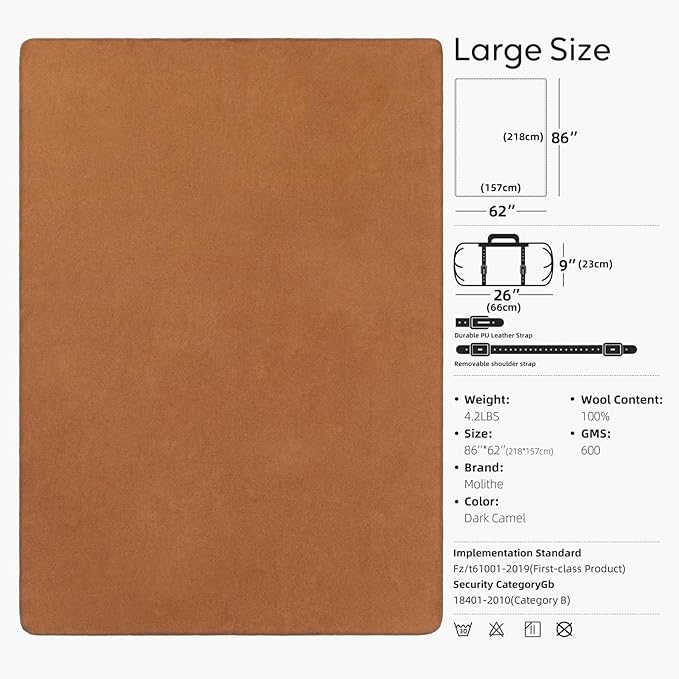 Molithe 100% Wool Blanket, 62" x 86", Warm, Thick, Washable, Military Wool Blanket, Great for Camping, Outdoors, Sporting Events, Survival Kits, Dark Camel