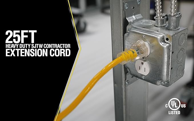 Southwire Yellow Jacket Heavy Duty Extension Cord - Reliable Outdoor Power for Tools & Equipment - Lighted End with Weather Resistant SJTW Jacket - 25 Foot