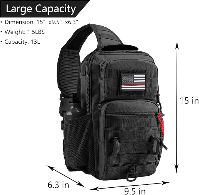 Rover Sling Pack Tactical Shoulder Sling Bag Backpack with Bottle Holder Crossbody Chest Bag, Black with Red Rope/Patch
