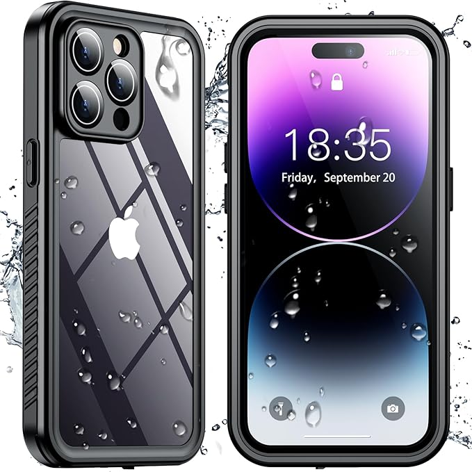 SPIDERCASE Only Designed for iPhone 14 Pro Case Waterproof,Built-in Lens & Screen Protector, Full Heavy Duty Protection,12FT Military Shockproof, Dustproof, Anti-Scratched Phone Case,Black/Clear